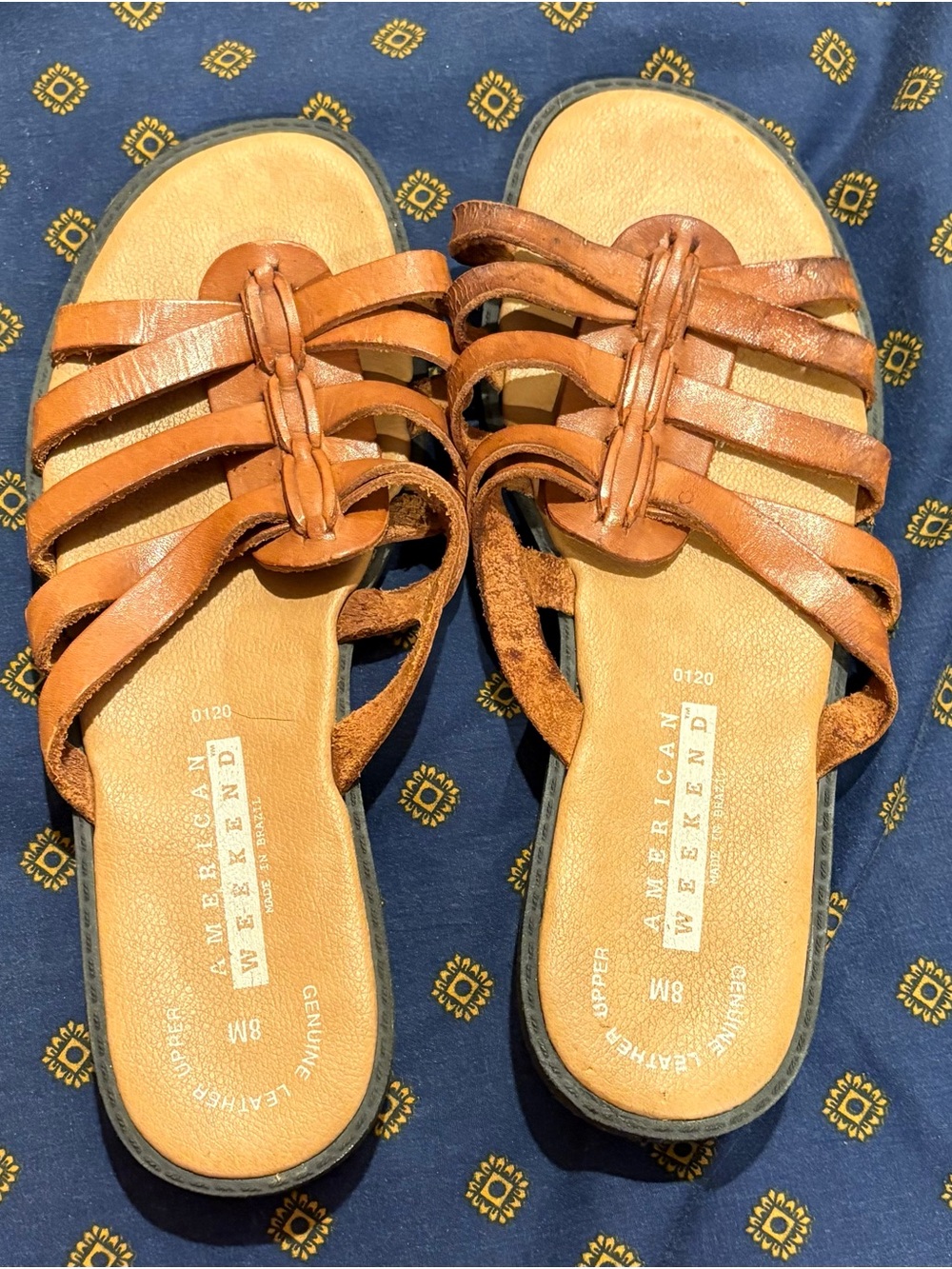 American Weekend Women's Cognac Leather Strappy Slide Sandals